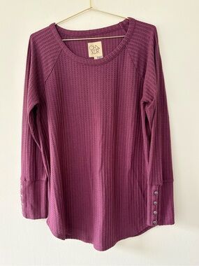 Chaser Waffle Knit Button Cuff Long Sleeve Top Purple XL